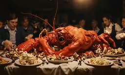 large amount of food served on a table in front of people