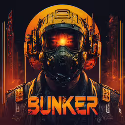 the character in the poster for bunker,a man wearing a helmet with the word bunker printed on it
