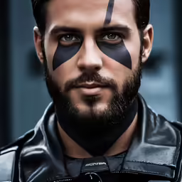 man with makeup painted on his face and his hair in the wind