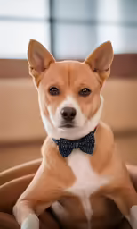 a close up of a dog with a bow tie
