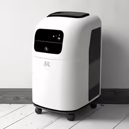 a white and black air purificater on a wooden floor
