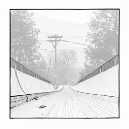 a drawing of a street at the end of a snowy road