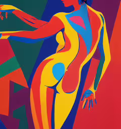 an abstract piece that looks like a painting,a poster that is on the wall next to a mirror