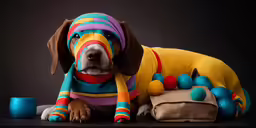 a brown dog laying on top of a black background wearing a scarf