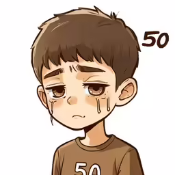 a boy in a brown shirt with an eye drawn over his head