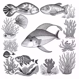 several different sea creatures on white paper,black and white drawings of fish in the sea