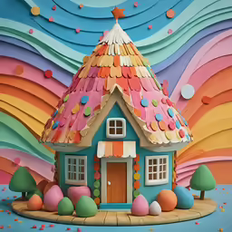 a colorful house that is next to colorful waves