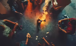 three people are sitting around a fire pit