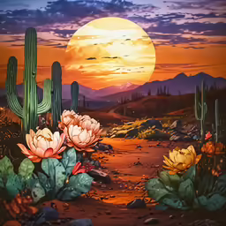 the painting is looking at a sunset with cacti and cactus