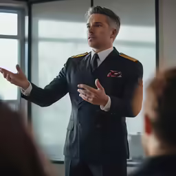 a man in a uniform standing up with his hands outstretched