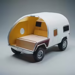 small white and gold model rv is on wheels