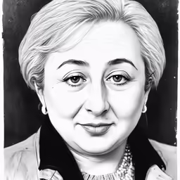a black and white photo of a lady with large eyes