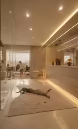 a living room with a dog laying on the floor in the middle