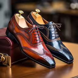 a close up of some shoes near two cases,two color shoes sitting on top of a wooden table
