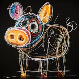 a brightly colored cow sculpture sits on a black background