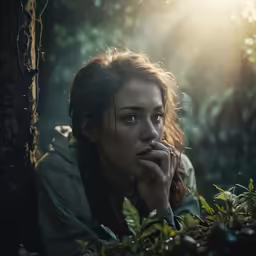 a young woman leaning on the tree looking off to her left