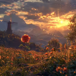 a field with some very pretty flowers in it,a beautiful rose in a field with a windmill and mountain backdrop