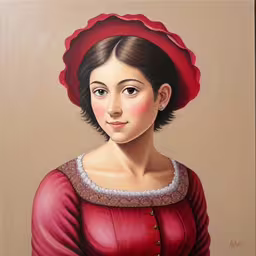the painting shows a woman in a red dress and hat,a painting shows the likeness of a woman
