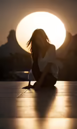 a woman sits on the ground while the sun sets