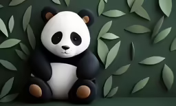 a toy panda bear is sitting on a green floor