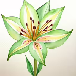 a watercolor of a flower with green leaves