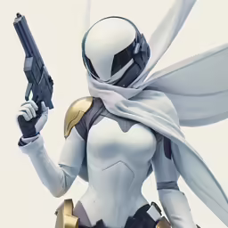 a woman dressed in white holding a gun and looking at something
