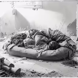 an old black and white photo of a sleeping bag