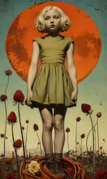 the girl stands in front of an orange sun