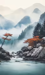 a mountain river in front of a mountain range