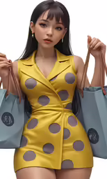 a sexy woman wearing a yellow dress and carrying bags