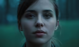 an evil looking girl in the woods with an intense look