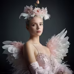 the girl with a big hairdo wears a feathered hat