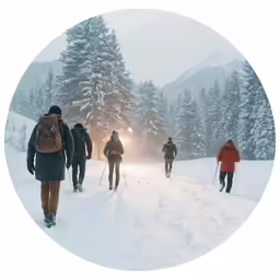 a round frame that depicts several people walking through the snow