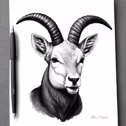a picture of a goat that has a long horn and is black