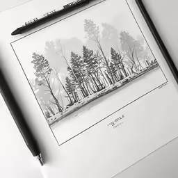 some inky pens and an illustration of trees