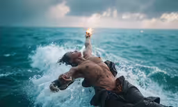 shirtless man riding a wave on a surfboard