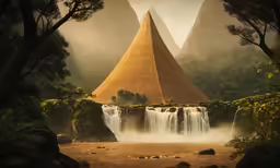 the huge pyramid shaped buildings stand next to a waterfall