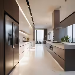 a white kitchen has a large window and a lot of lights