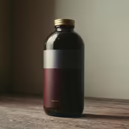 a bottle of syrup sitting on a wood table