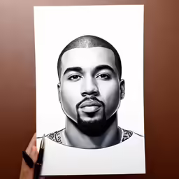 a hand is holding a poster with the rapper wearing a white shirt