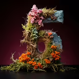 a number shaped out of twigs, grass and flowers