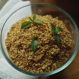 a glass bowl filled with rolled brown sesame seeds