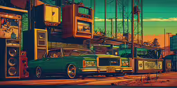 vintage car sitting on a street with radio equipment behind it,vintage looking digital artwork of cars on a city street