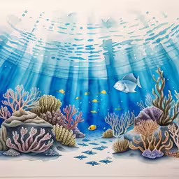 an illustration of some fish and corals on the ocean,a painting with watercolor on canvas of an ocean reef,an ocean scene with fish and marine life,a painting of a fish and coral reef in blue ocean water,a picture of some corals with fish on them