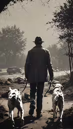 a man is walking three dogs down the street,a man is walking two dogs on a leash