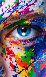 a girl covered in paints and has blue eyes