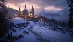 a large, medieval - style church in the middle of the snow
