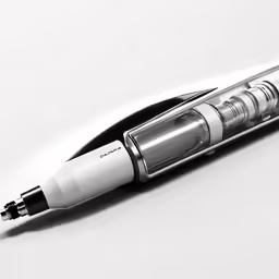 an artistic, stylic pen that is standing up against a white background