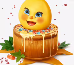 an illustration of an odd looking cake with sprinkles,this is a painting of a yellow chicken in a barrel of donuts
