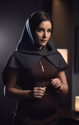 the woman is standing in the dark with her hands on her hips